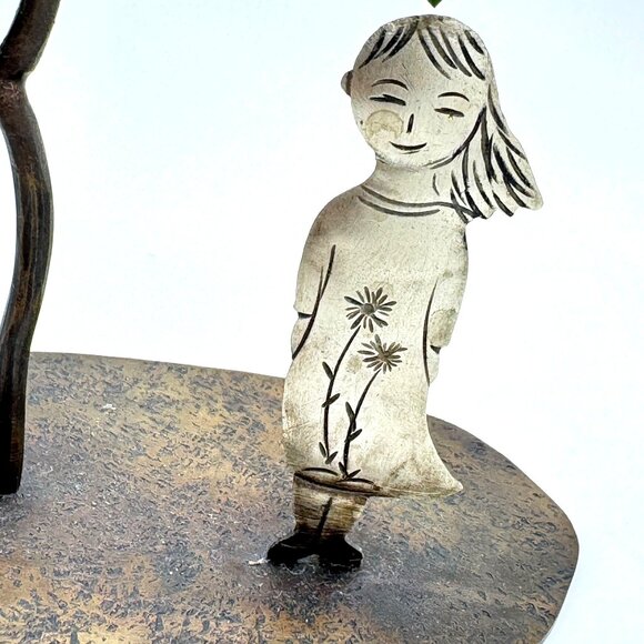 Metal Figurine Sculpture Of Girl With Flowers & Tree On Textured Base 5 Inches - Picture 2 of 13